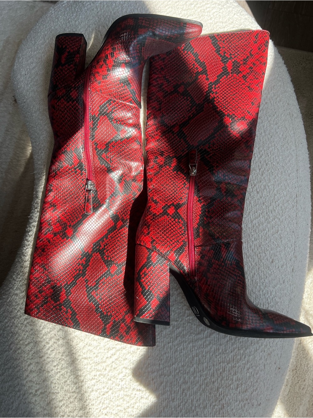 Jennifer Lopez Red and Black Snake-Print Over-the-Knee Boots